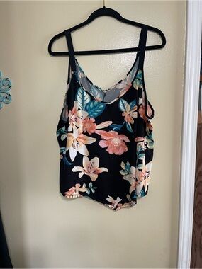 Floral Scoop Neck Black Tank Top